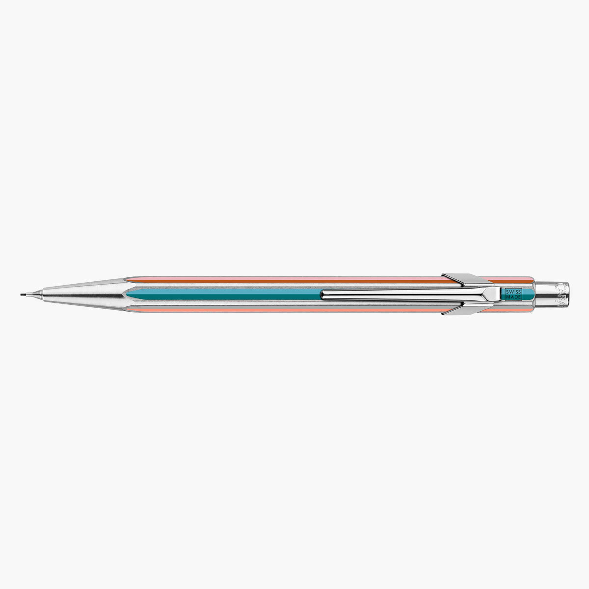 Ołówek mechaniczny Caran d'Ache 849 Paul Smith w kolorowe paski z srebrnym klipsem.