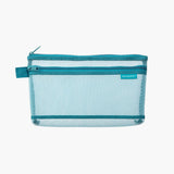 Blue mesh pouch with a zipper closure.