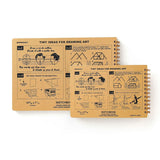 The back covers of two sizes of Penco sketchbooks featuring ideas and tips for creating drawings.