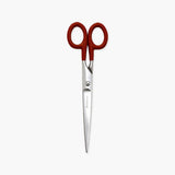 Steel scissors with red handles and the Penco brand name engraved on them.