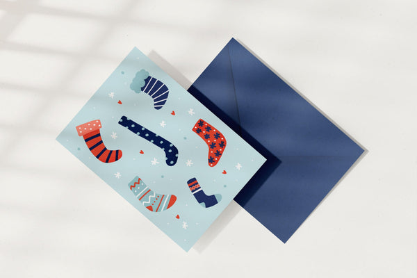 Christmas Greeting Card – Colourful Socks, Eökke, stationery design